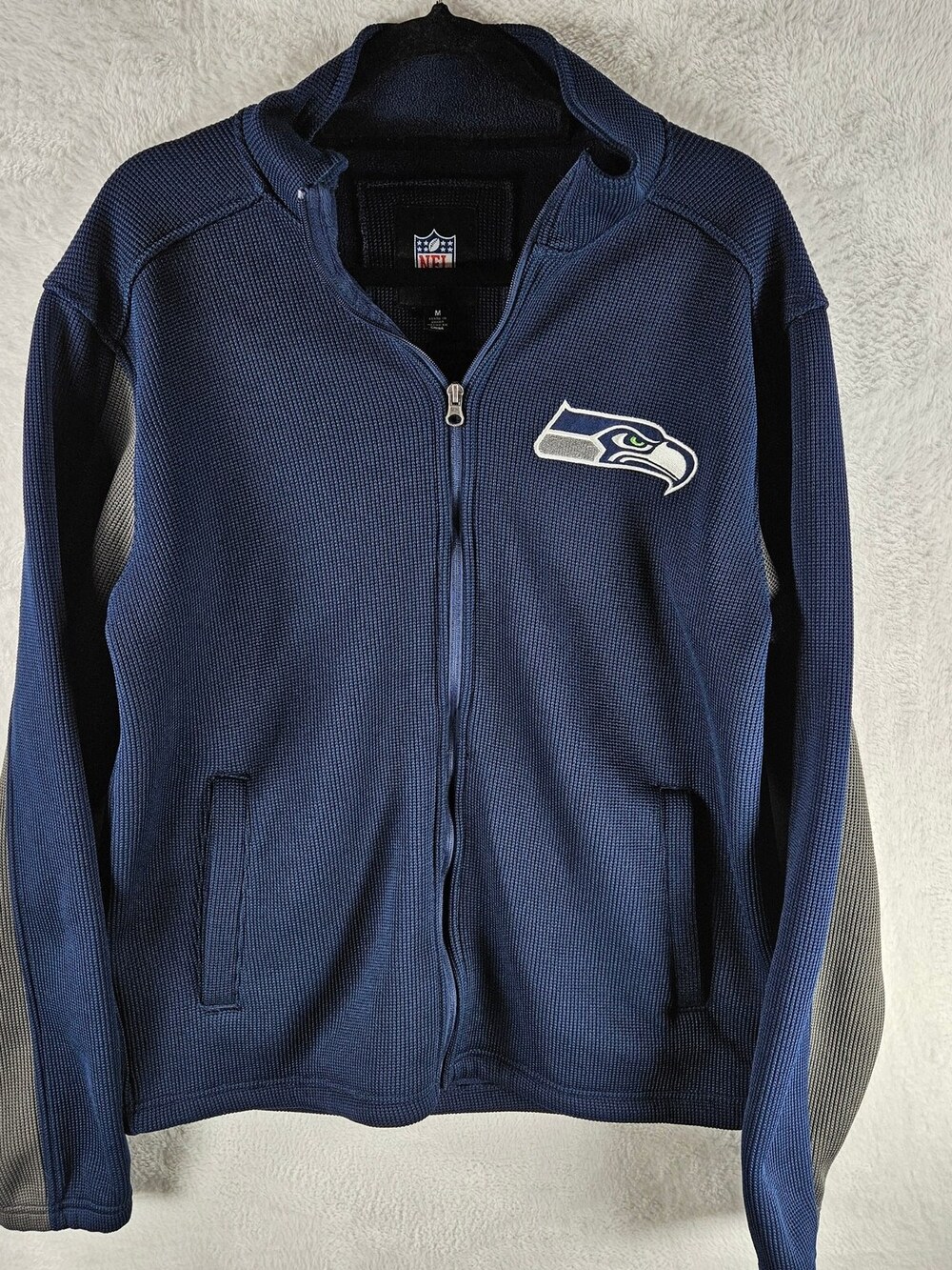 Seattle Seahawks Full-Zip Jacket Waffle Knit Fleece Navy Men's Size Medium